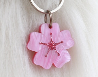 Custom Pet Tag for Dogs and Cats | Spring Cherry Blossom Personalized Flower Pet ID Tag in Glitter Pink | Engraved Sakura Dog Tag or Cat Tag