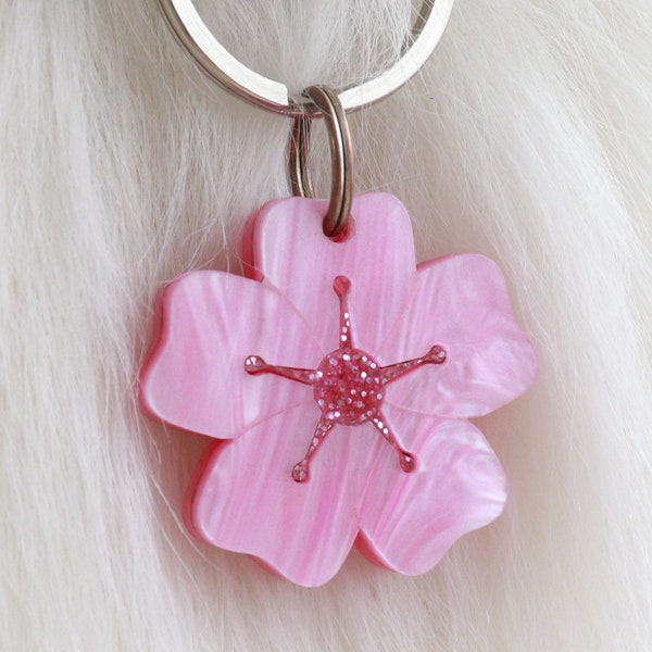 Custom Pet Tag for Dogs and Cats | Spring Cherry Blossom Personalized Flower Pet ID Tag in Glitter Pink | Engraved Sakura Dog Tag or Cat Tag