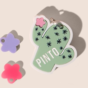 Custom Cactus Pet ID Tag for Dogs and Cats | Personalized Cactus Pet Tag in Green Pink Acrylic | Engraved Cactus Dog Tag or Cat Tag