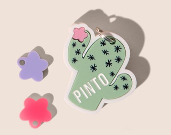 Custom Cactus Pet ID Tag for Dogs and Cats | Personalized Cactus Pet Tag in Green Pink Acrylic | Engraved Cactus Dog Tag or Cat Tag