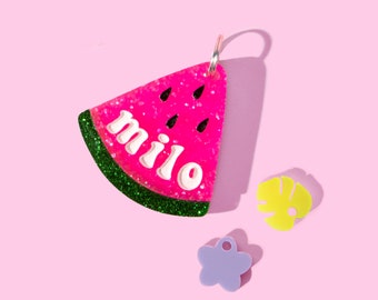 Custom Pet ID Tag for Dogs and Cats | Personalized Watermelon Pet Tag in Glitter Pink Green Acrylic | Engraved Watermelon Dog Tag or Cat Tag