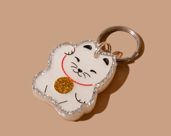 Custom Pet Tag for Dogs and Cats | Personalized Lucky Cat Pet Tag in White Gold Silver Acrylic | Engraved Lucky Cat Dog Tag or Lucky Cat Tag