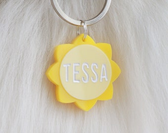 Custom Pet Tag for Dogs and Cats - Personalized Summer Sun Name Tag in Yellow Acrylic