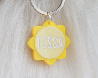 Custom Pet Tag for Dogs and Cats | Personalized Summer Sun Name Tag in Yellow Acrylic | Sun Dog Tag and Sun Cat Tag | Sunshine Name Badge