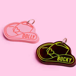 Custom Pet Tag for Dogs and Cats | Personalized Western Cowboy Hat Pet ID Tag Pink Brown Acrylic | Engraved Cowboy Dog Tag Cowboy Cat Tag