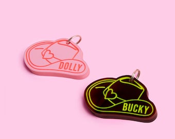 Custom Pet Tag for Dogs and Cats | Personalized Western Cowboy Hat Pet ID Tag Pink Brown Acrylic | Engraved Cowboy Dog Tag Cowboy Cat Tag