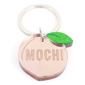 Custom Pet Tag for Dogs and Cats | Peachy Keen Personalized Peach Pet ID Tag in Rose Gold Glitter Green Acrylic | Engraved Dog Tag Cat Tag