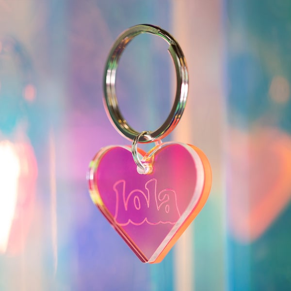 Custom Pet Tag for Dogs and Cats | Personalized Boop Hologram Heart-shaped Name Tag in Pink Acrylic | Engraved Dog Tag or Cat Tag