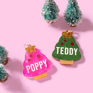 May include: Two Christmas tree-shaped pet tags, one pink with "POPPY" and the other green with "TEDDY", sit on a pink background. Each tag has a gold star and a small gold loop. Miniature Christmas trees are scattered around.