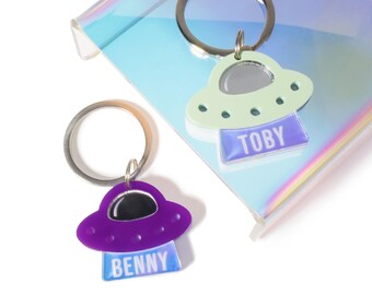 Custom Pet Tag for Dogs and Cats | Personalized Alien Ship Extraterrestrial UFO Pet ID Tag in Hologram Acrylic | Engraved Dog Tag or Cat Tag