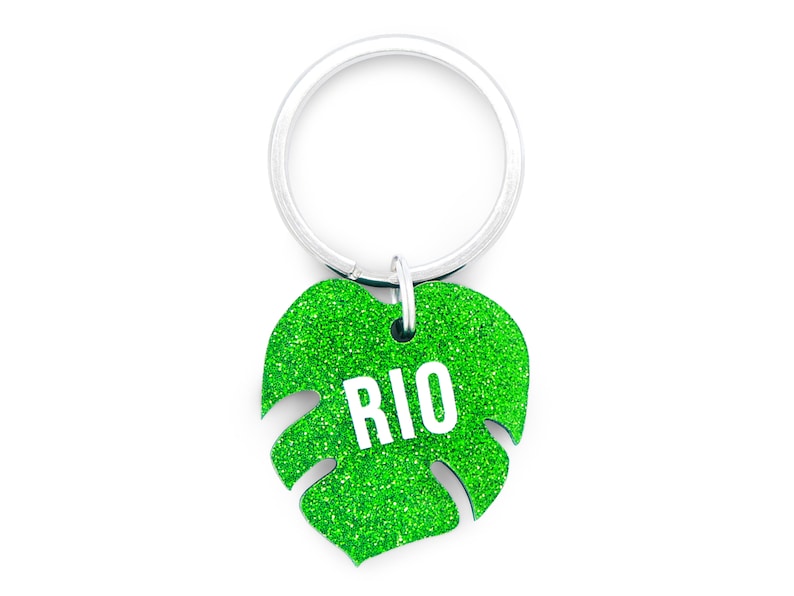 Personalized Tropical Palm Leaf Acrylic Tag in Green Custom /'Tropic Like It/'s Hot/' Pet ID Tag for Dogs /& Cats