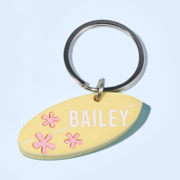 Custom Pet Tag for Dogs | Surfs Up Personalized Beach Surfboard Pet ID Charm in Yellow Acrylic with Hippie Pink Flowers | Engraved Dog Tag