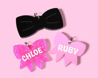 Custom Pet Tag for Dogs and Cats | Personalized Ribbon Bow Pet ID Tag Pink Blue Black Acrylic | Engraved Bowtie Dog Tag Bowtie Cat Tag