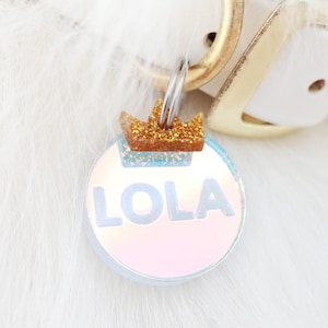 Custom Pet Tag for Dogs and Cats | Personalized My Bae Hologram Pet Name Tag with Gold Pink Crown Charm | Engraved Dog Tag or Cat Tag