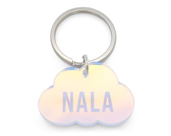 Custom Cloud Pet Tag for Dogs and Cats | Personalized Hologram Cloud Pet ID Tag in Iridescent Acrylic | Engraved Dog Charm or Cat Tag