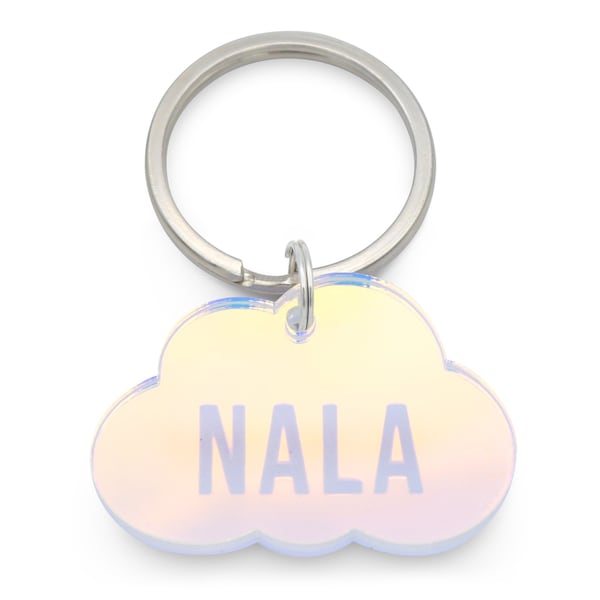 Custom Cloud Pet Tag for Dogs and Cats | Personalized Hologram Cloud Pet ID Tag in Iridescent Acrylic | Engraved Dog Charm or Cat Tag