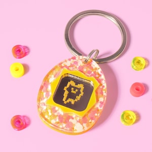 Custom Pet Tag for Dogs and Cats | Personalized Tamagotchi Pet ID Tag in Pink Yellow and Silver Acrylic | Engraved Dog Tag or Cat Tag