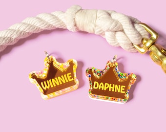 Custom Pet Tag for Dogs and Cats | Personalized Crown Pet ID Tag in Gold Acrylic | Engraved Dog Tag or Cat Tag