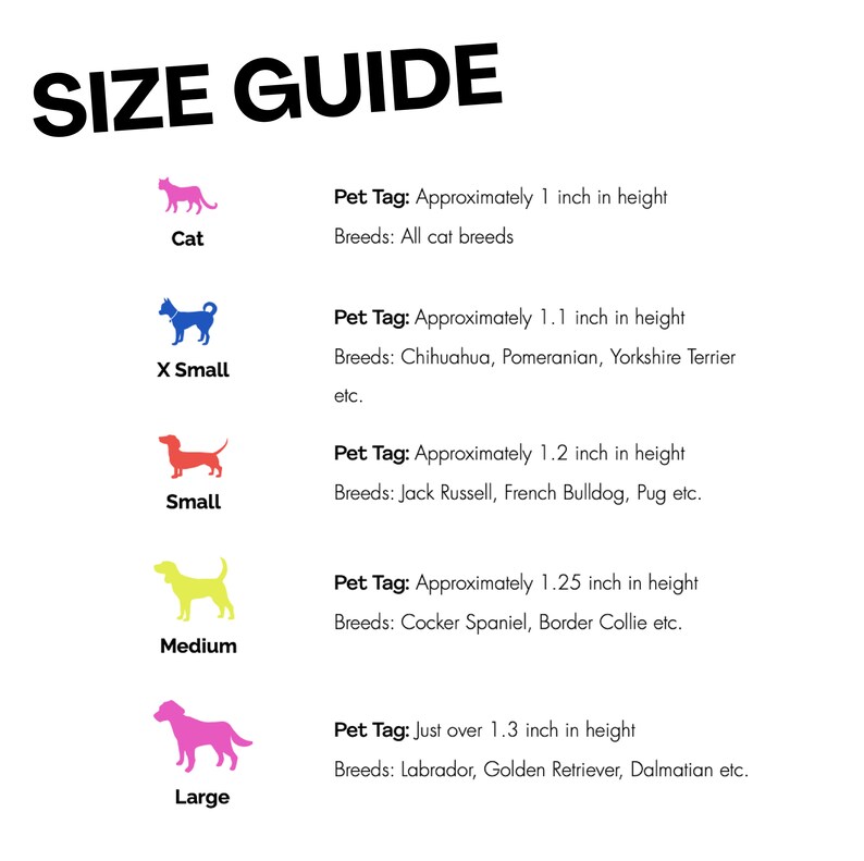 Puede incluir: Una gu&iacute;a de tallas para etiquetas de mascotas, con ilustraciones de diferentes razas de perros y sus tama&ntilde;os de etiquetas correspondientes. La gu&iacute;a incluye tallas para gatos, extra peque&ntilde;as, peque&ntilde;as, medianas y grandes. Los tama&ntilde;os de las etiquetas se indican en pulgadas.