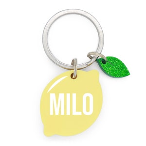 Custom Pet Tag for Dogs and Cats | Main Squeeze Personalized Lemon Pet ID Tag in Yellow Glitter Green Acrylic | Engraved Dog Tag or Cat Tag