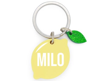 Custom Pet Tag for Dogs and Cats | Main Squeeze Personalized Lemon Pet ID Tag in Yellow Glitter Green Acrylic | Engraved Dog Tag or Cat Tag