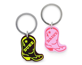 Custom Pet Tag for Dogs and Cats | Personalized Western Cowboy Boot Pet ID Tag Pink Brown Acrylic | Engraved Cowboy Dog Tag Cowboy Cat Tag