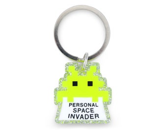 Custom Pet Tag for Dogs and Cats | Personal Space Invader Pet ID Tag in Neon Yellow and Glitter Silver Acrylic | Engraved Dog Tag or Cat Tag