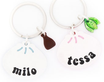 Custom Pet Tag for Dogs and Cats | Personalized Bao Dumpling Pet ID Tag in Acrylic with Soy or Bok Choy Charms | Engraved Dog Tag or Cat Tag