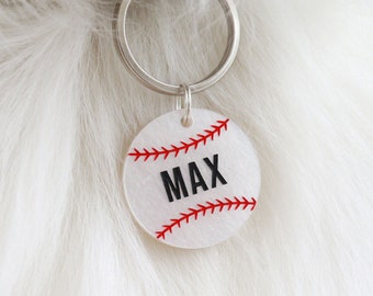 Custom Pet Tag for Dogs and Cats | Personalized Baseball Pet ID Tag in White Red Acrylic | Engraved Sports Baseball Dog Tag Cat Tag