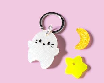 Custom Ghost Pet Tag for Dogs and Cats | Personalized Halloween Ghost ID Tag in White Black Acrylic | Engraved Dog Tag or Cat Tag