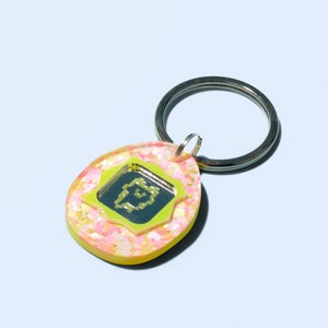 Custom Pet Tag for Dogs and Cats | Personalized Tamagotchi Pet ID Tag in Pink Yellow and Silver Acrylic | Engraved Dog Tag or Cat Tag