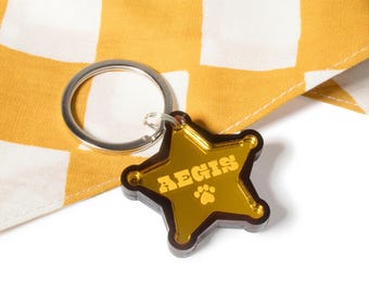 Custom Pet Tag for Dogs and Cats | Personalized Sheriff Badge Pet ID Tag in Gold Brown Acrylic | Engraved Sheriff Dog Tag Sheriff Cat Tag