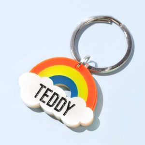 Custom Pet ID Tag for Dogs and Cats | Personalized Rainbow Pet Tag Charm in Neon Acrylic | Retro Hippie Engraved Rainbow Dog Tag Cat Tag