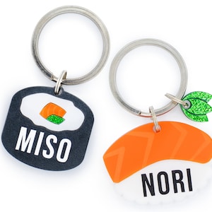 Custom Pet Tag for Dogs and Cats | Soy Cute Personalized Sushi Pet ID Tag in Orange Black Acrylic | Engraved Sushi Dog Tag or Cat Tag