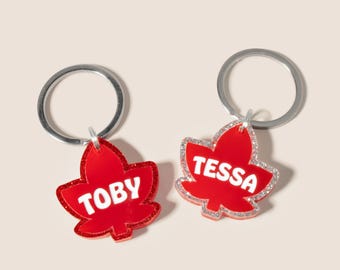 Custom Pet Tag for Dogs and Cats | Personalized Canadian Maple Leaf Pet Tag in Red Silver Acrylic | Engraved Dog Tag or Cat Tag