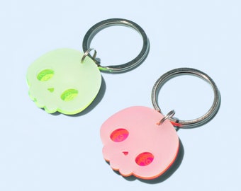 Custom Pet Tag for Dogs and Cats | Personalized Skull Pet ID Tag in Pink, Green and White Acrylic | Engraved Skull Dog Tag or Skull Cat Tag