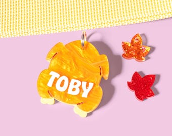 Custom Pet Tag for Dogs and Cats | Personalized Chicken Turkey Pet Tag in Yellow Orange Acrylic | Engraved Dog Tag or Cat Tag