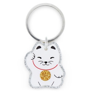 Custom Pet Tag for Dogs and Cats | Personalized Lucky Cat Pet Tag in White Gold Silver Acrylic | Engraved Lucky Cat Dog Tag or Lucky Cat Tag