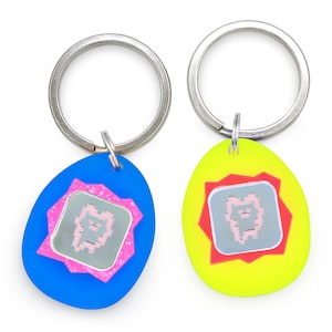 Custom Pet Tag for Dogs and Cats | Personalized Tamagotchi Pet ID Tag in Pink Yellow and Silver Acrylic | Engraved Dog Tag or Cat Tag