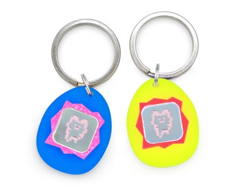 Custom Pet Tag for Dogs and Cats | Personalized Tamagotchi Pet ID Tag in Pink Yellow and Silver Acrylic | Engraved Dog Tag or Cat Tag