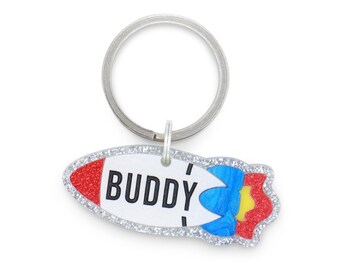 Custom Pet Tag for Dogs and Cats | Personalized Space Rocketship Pet ID Tag in Glitter White Silver Acrylic | Engraved Dog Tag or Cat Tag