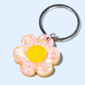 Custom Pet Tag for Dogs and Cats | Personalized Flower Pet ID Tag in polkadot Pink Yellow | Engraved Dog Tag or Cat Tag
