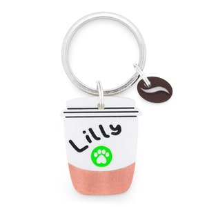 Custom Pet Tag for Dogs and Cats | Puppacino Personalized Coffee Pet ID Tag with Coffee Bean Mini Charm | Engraved Dog Tag