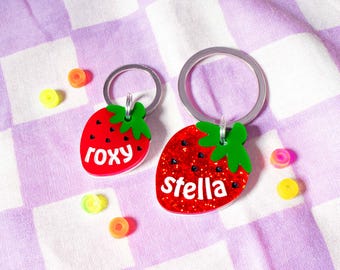 Custom Pet Tag for Dogs and Cats | Berry Special Personalized Summer Strawberry Pet ID Tag in Acrylic | Engraved Dog Tag or Cat Tag