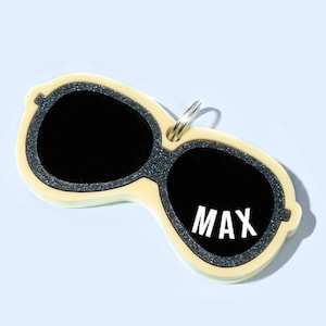 Custom Pet Tag for Dogs and Cats - Personalized Summer Sunglasses Name Tag in Glitter Black and Yellow Acrylic