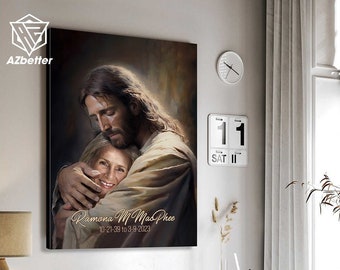 May include: A painting of Jesus embracing a woman. The painting is in a gold frame and has the text "Ramona M. MacPhee 10-21-39 to 3-9-2023" written on it.