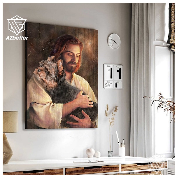 Lienzos de Yorkshire Terrier en brazos de Jesús, arte mural de Dios, decoración cristiana para el hogar, regalo para amantes de los perros