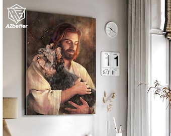 May include: A painting of Jesus holding a small black dog in his arms. The painting is on a wooden background with a light brown stain.
