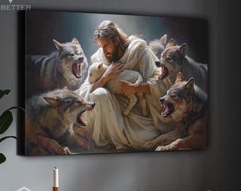 Jesus Christ Protector Wall Art Canvas, Holding Lamb Safe from Wolves Print, Inspirational Christian Faith Decor Religious Bible Gift