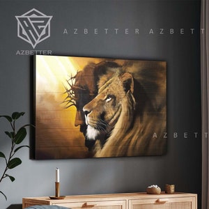 Lion And Jesus Canvas Art, God Wall Art Home Decor, Gift For Christians, Jesus Painting, Lion Of Judah, Church Decor, Christ Art